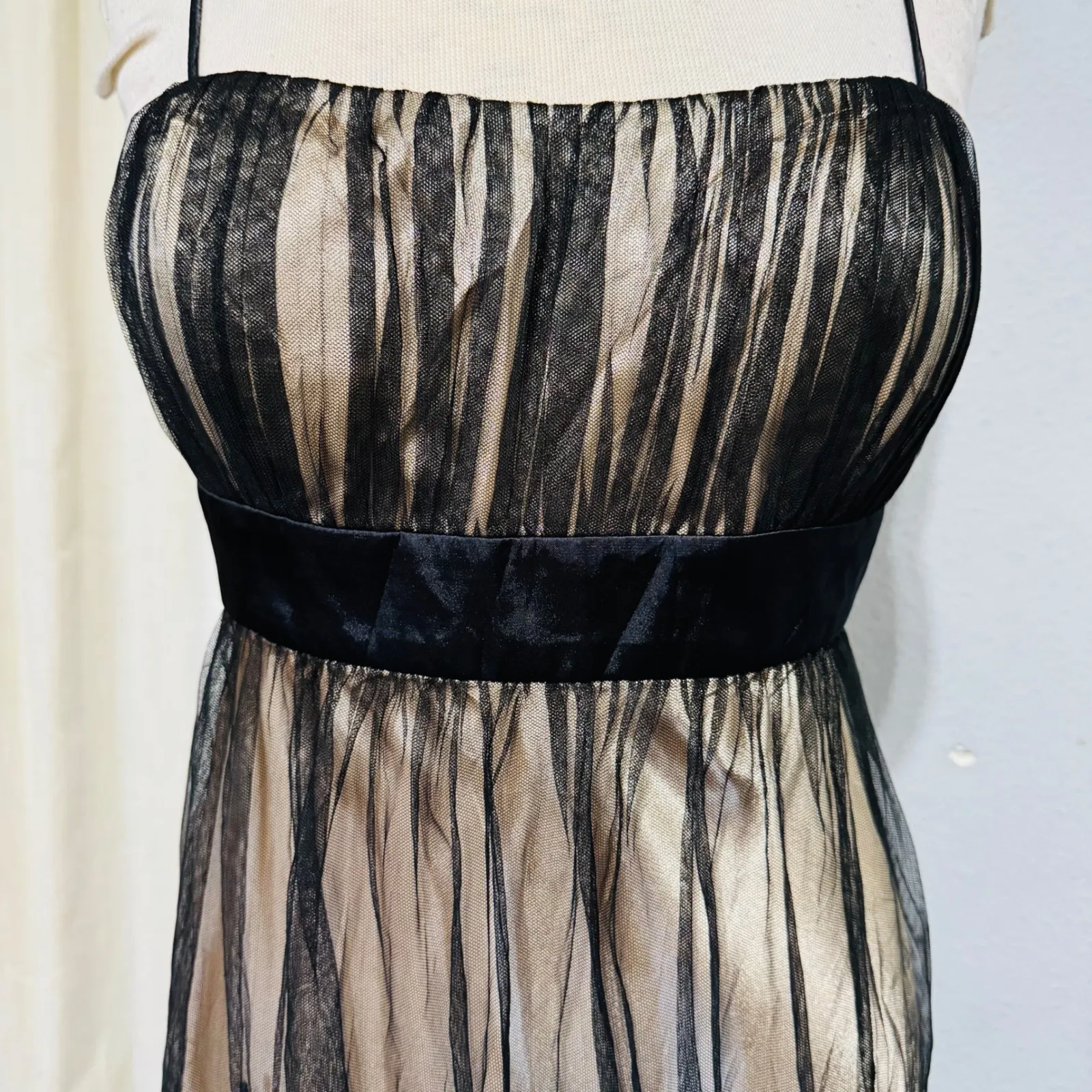 Vintage Y2K SL Fashions Black Beige Mesh Overlay Whimsigoth Babydoll Dress 14 Tan - Image 4