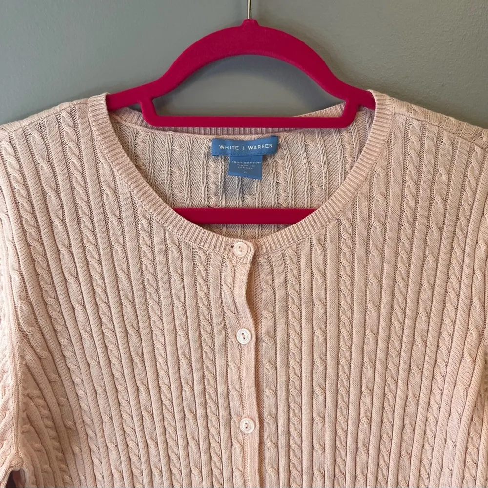 White + Warren Cardigan Desert Pink Cableknit Cotton Crewneck Cardigan Sz L EUC Size L - Image 3