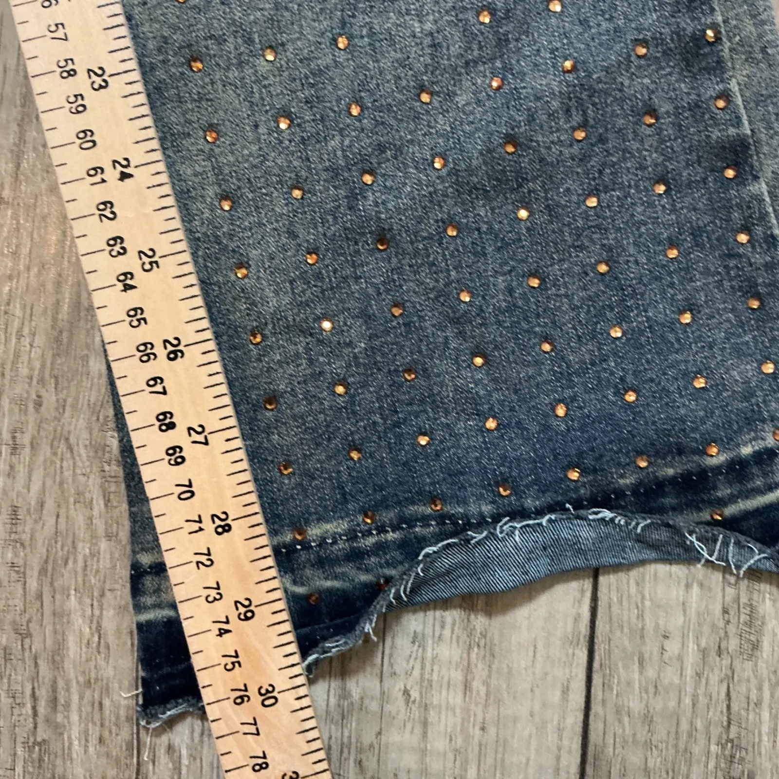 Embellished Distressed Hem Flare Jeans - Studded Denim Boho Y2K Style sz 1/25 - Image 5