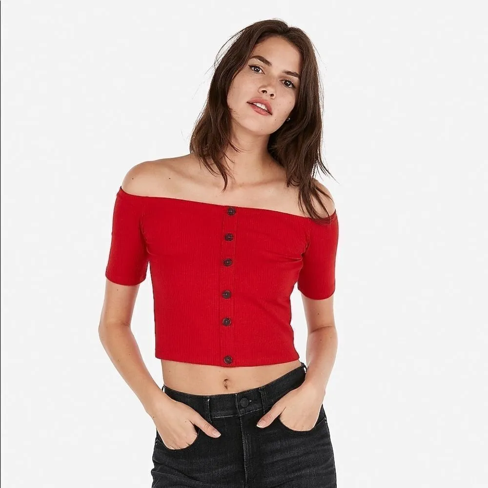 EXPRESS ✨Olivia Culpo Cropped Off The Shoulder Button Top✨ - Image 2