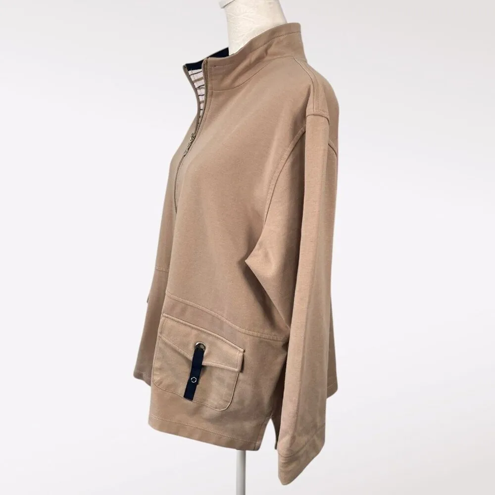 Allison Daley Lightweight Full Zip Jacket Tan Navy Trim Petite Large - Image 4