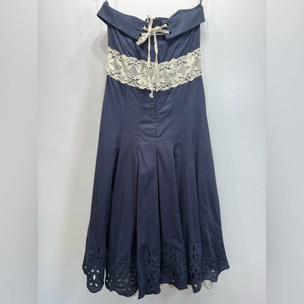 Tibi Smokey Navy Strapless Dress Cream Lace Trim & Slip Mini Corset Coquette - Image 2