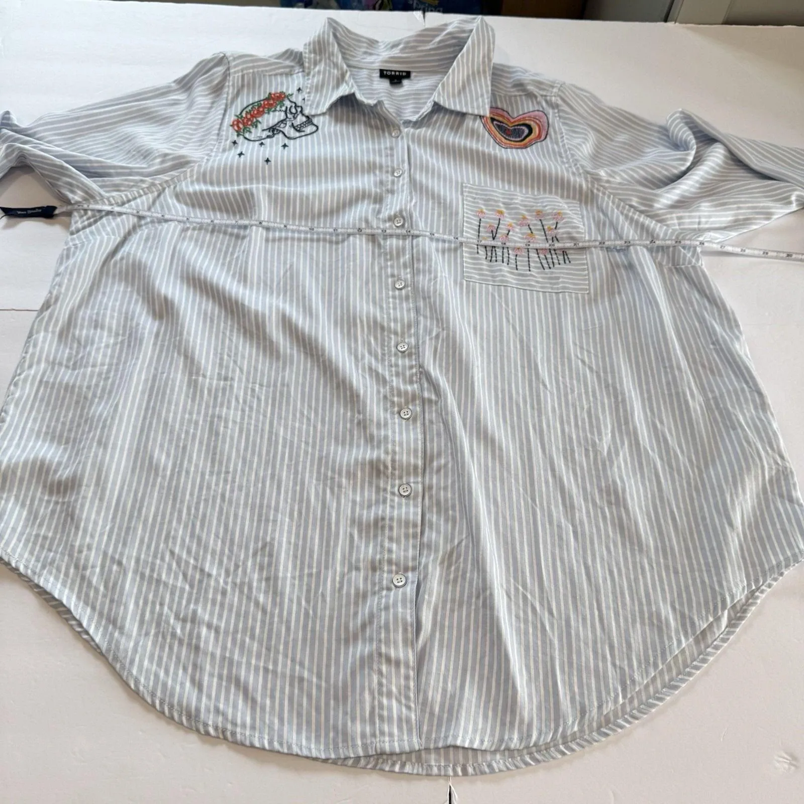 Torrid Lizzie Blue Striped Embroidered Twill Button Up Long Sleeve Shirt Size 2X - Image 11