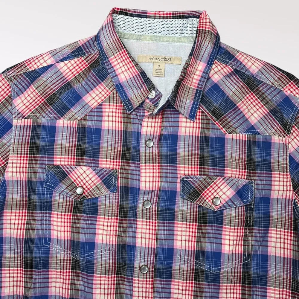 Heritage1981 Plaid Pearl Snap Western Button Down Shirt Pink Blue Small - Image 2