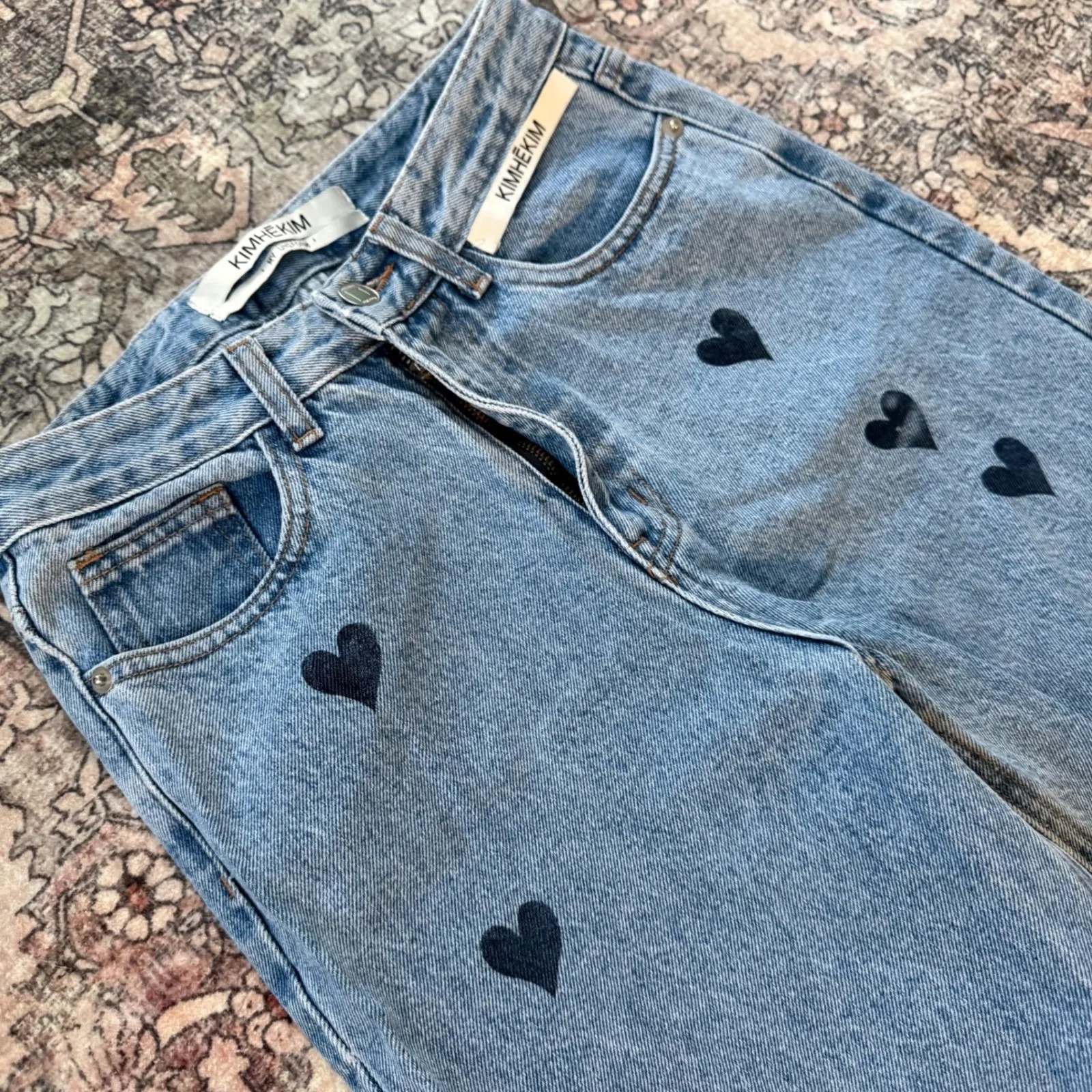 Kimhekim Heart Stamped Print Wide Leg Denim Blue Jeans Size Small • My Uniform - Image 4