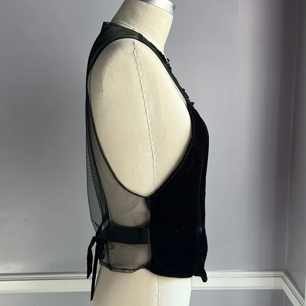 Vintage black velvet V neck whimsygoth button front vest lace trim and netting - Image 4