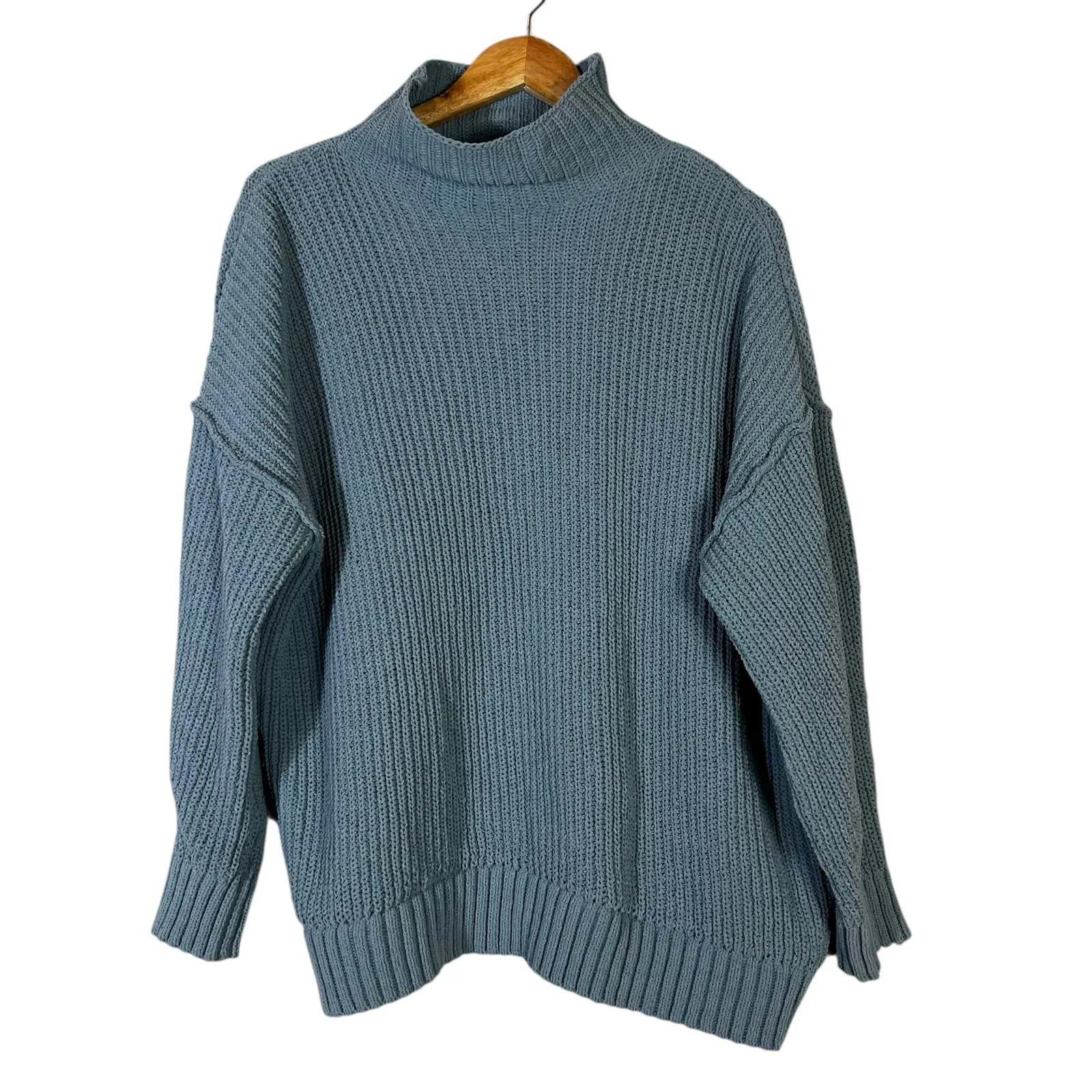 Aerie Oversized Sweater Womens XS Blue Mock Neck Waffle Knit Drop Shoulder Cozy - Image 2