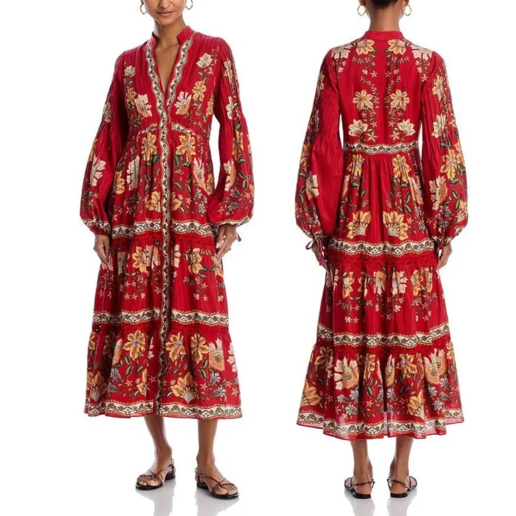 NEW NWT Farm Rio Garden Delight Floral Midi Dress Red Multi Long Sleeve Size XS - Image 2