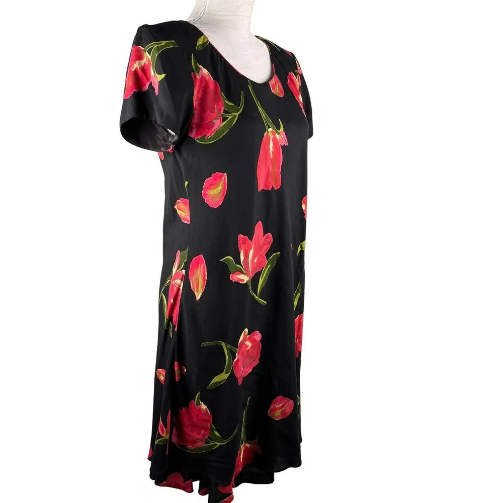 Vintage Hampton Dress Co Dress 8 Midi Black Red Tulips - Image 4