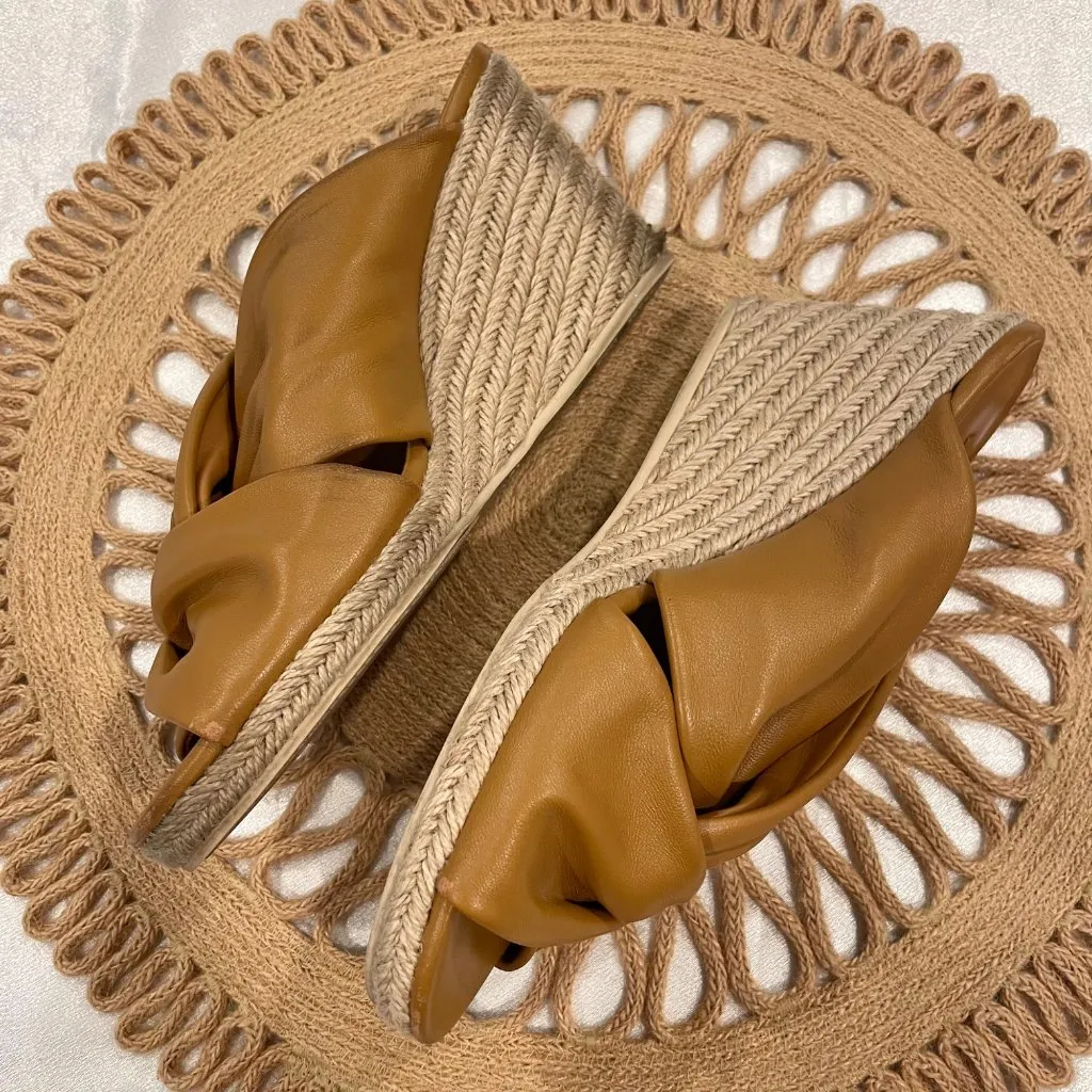 Vince Sylvia Knotted Espadrille Wedge Sandals Camel Leather Size US 9 - Image 6