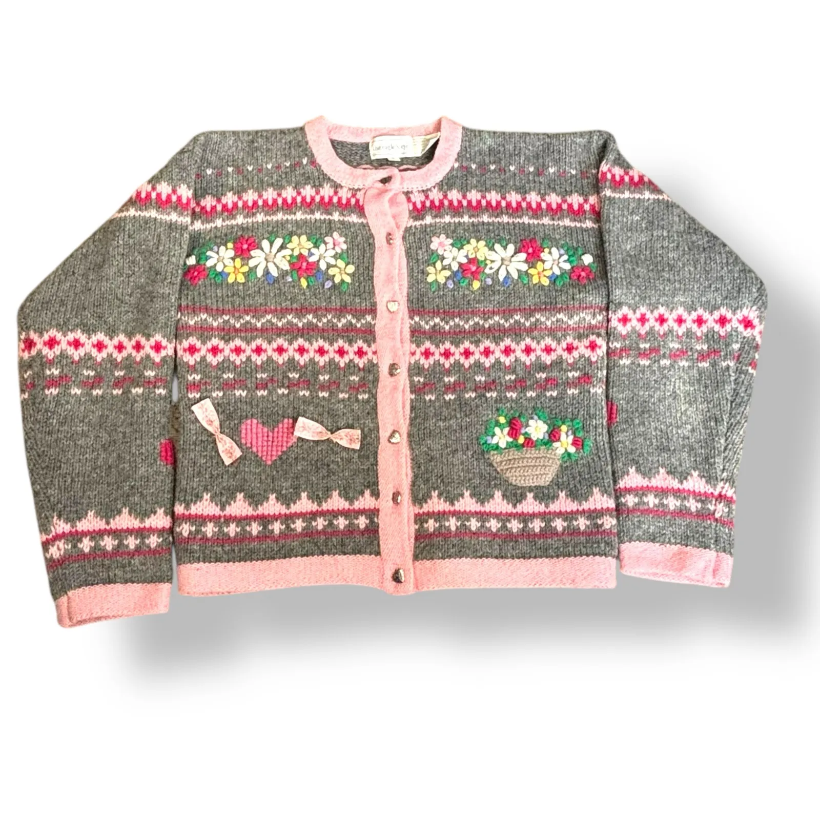 Vintage Eagles Eye Wool Knit Cardigan Pink Gray Floral Heart Bow Small Grandma - Image 14