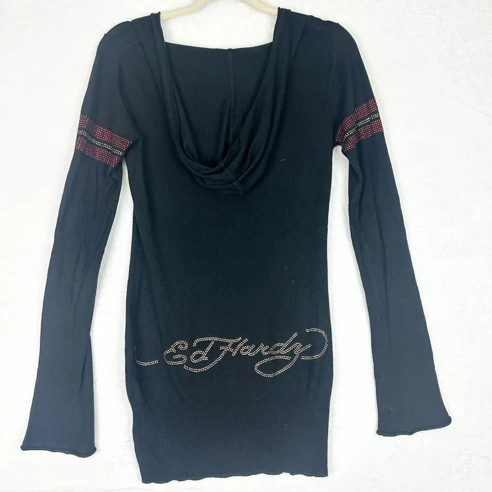 Vintage Ed Hardy Y2K Bling Rhinestone Hooded Shirt Size Small Angora Cashmere - Image 2
