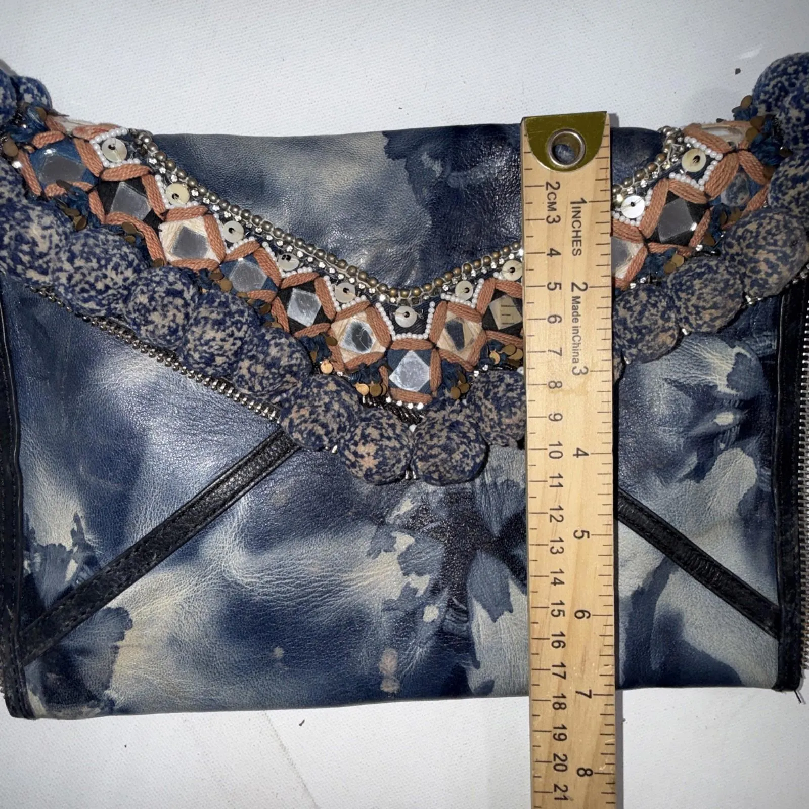 Rebecca Minkoff Dreamy Pom Leo Blue Leather Envelope Tie Dye Bohemian Clutch - Image 11
