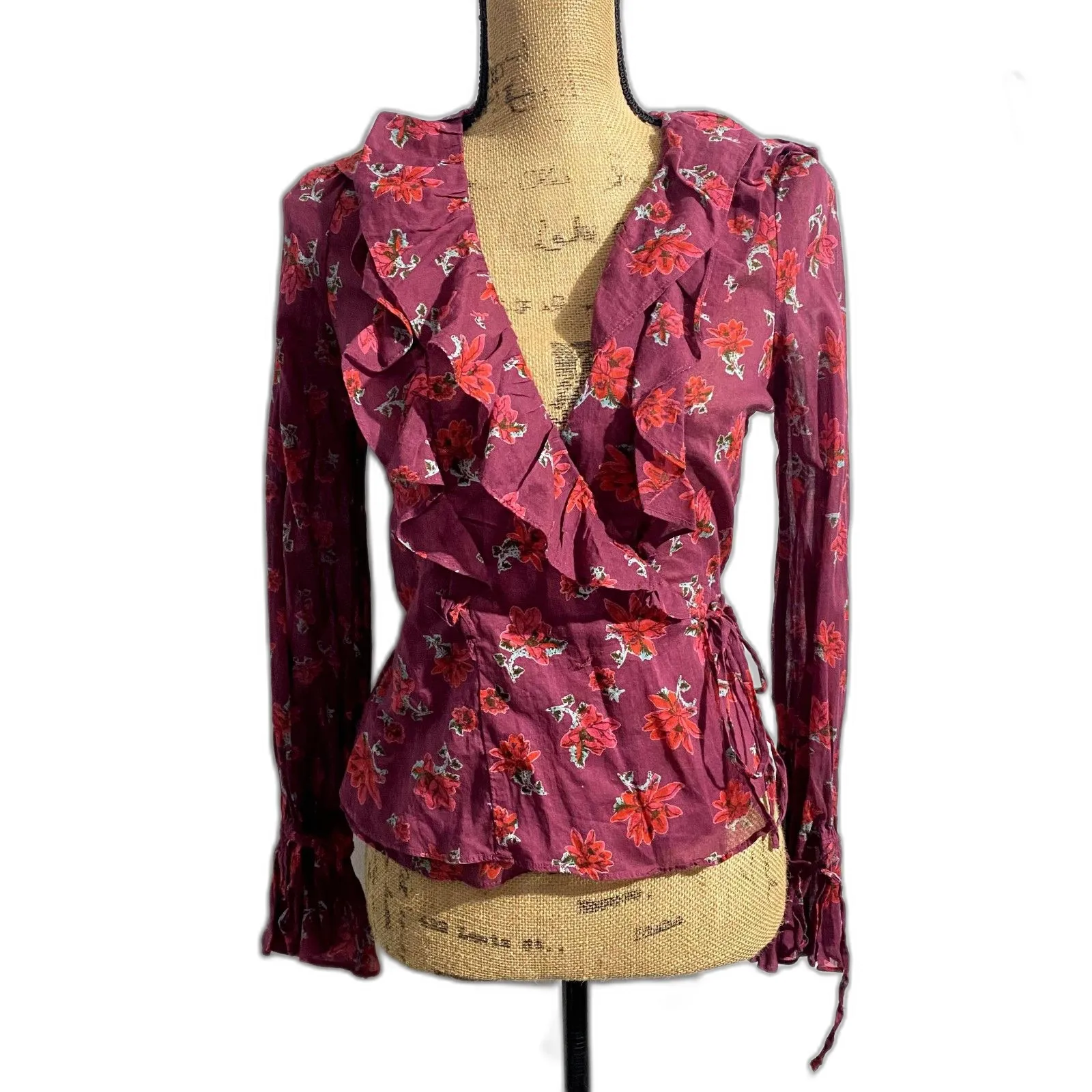 NWT Free People Amanda Ruffle Wrap Top Floral Sultry Combo Magenta Size XS‎ - Image 3