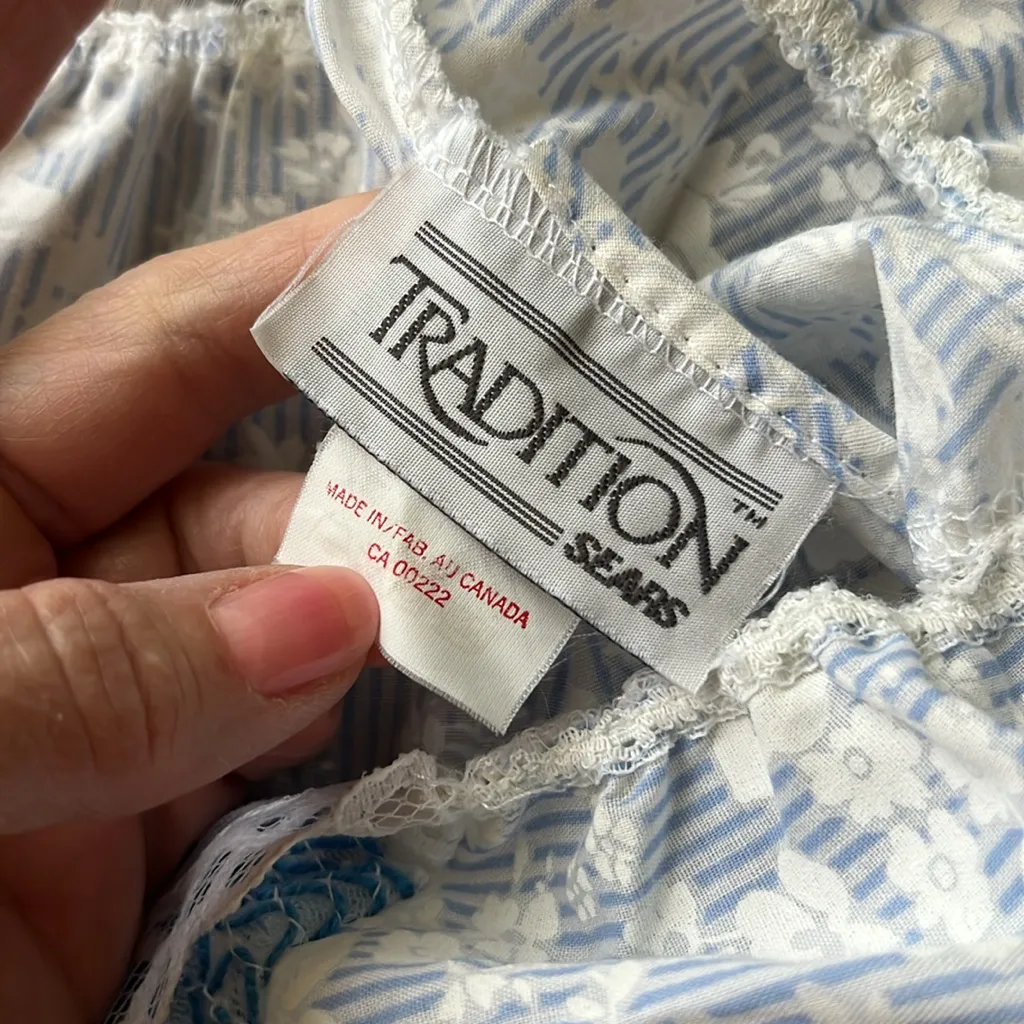 Vintage maxi length mumu floral dress pastel blue stripes white flowers lace - Image 4