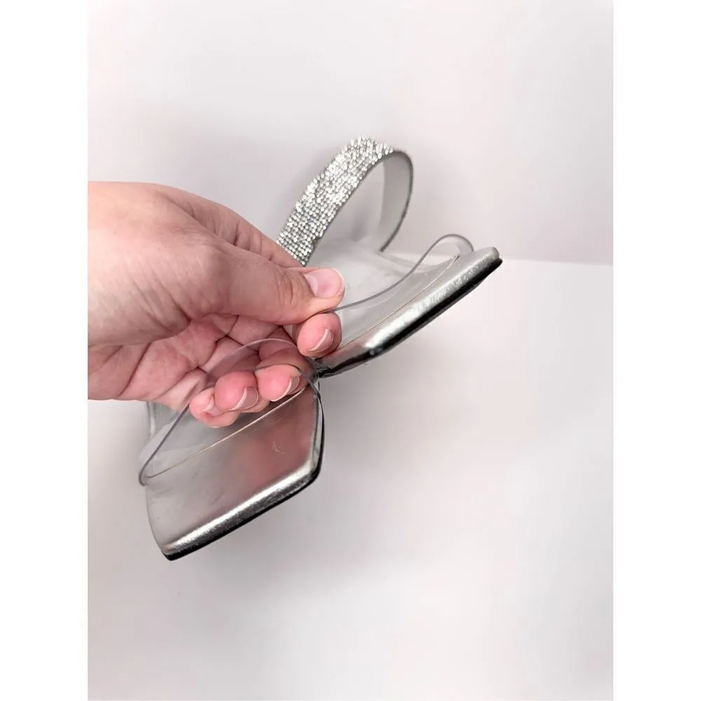 Black Suede Studio Sandals Women Size 7 Silver Crystal Clear Double Strap Heels - Image 7