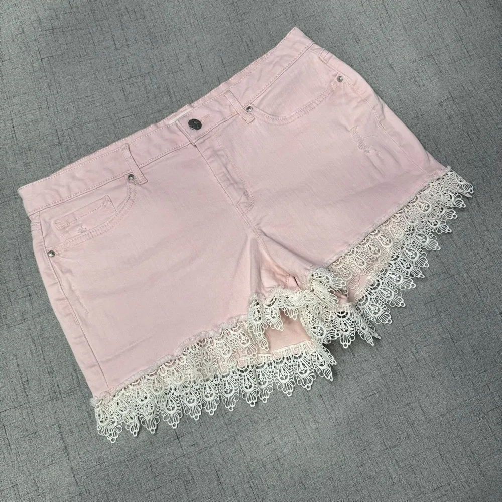 Jessica Simpson Pink Nomad Distressed Jean Shorts with Lace Crochet Trim 31 - Image 4