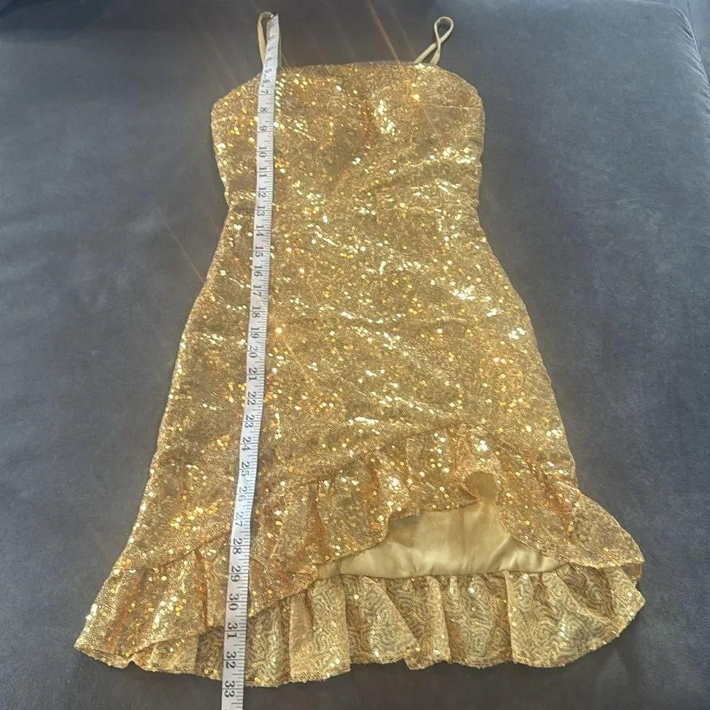 Women’s Gold Sequined Short Homecoming Dress Ruffle Hem Corset Back Size 0 NEW - Image 11