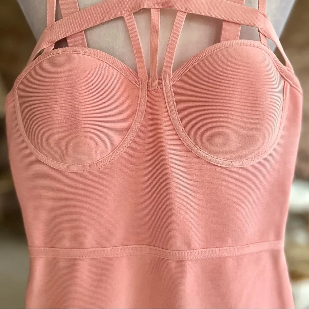 Bandage Peach Halter Bustier Strappy Cutout Bodycon Dress XXS - Image 5