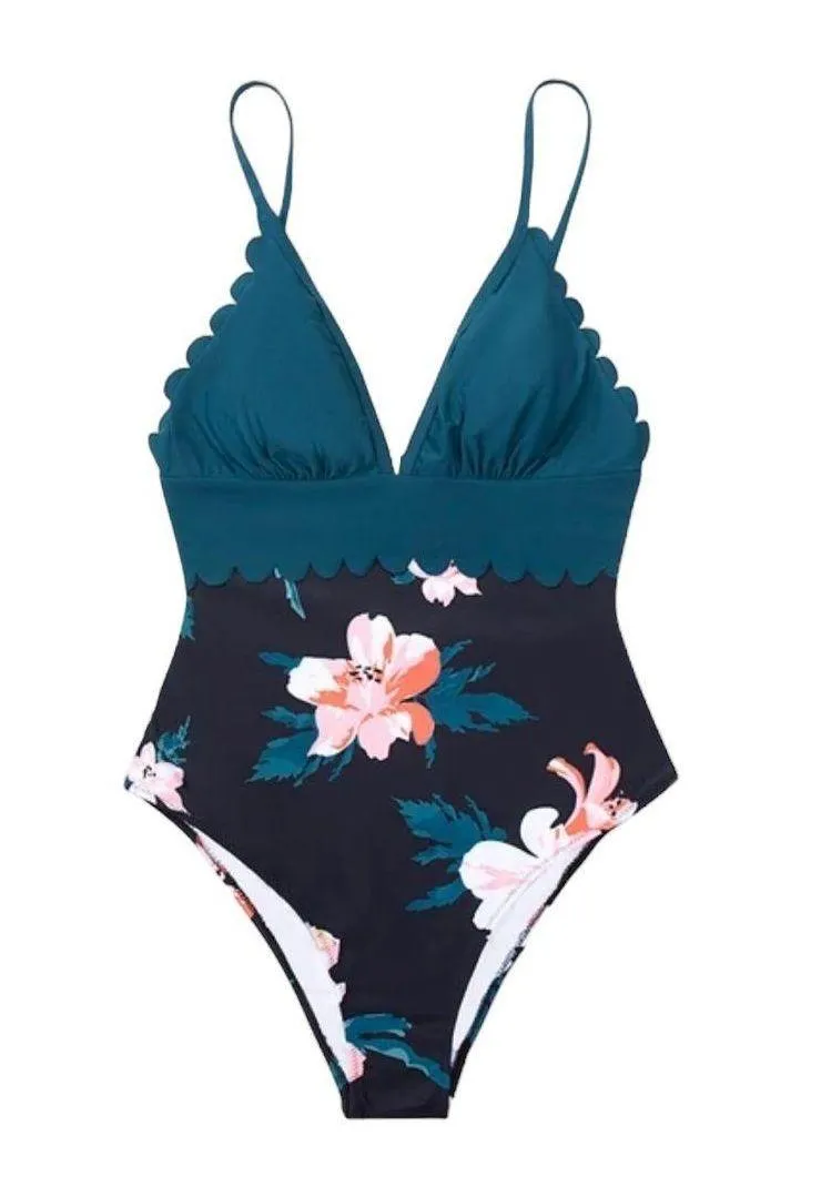 Floral Scalloped One-piece Swimsuit Teal Size XS - Image 3
