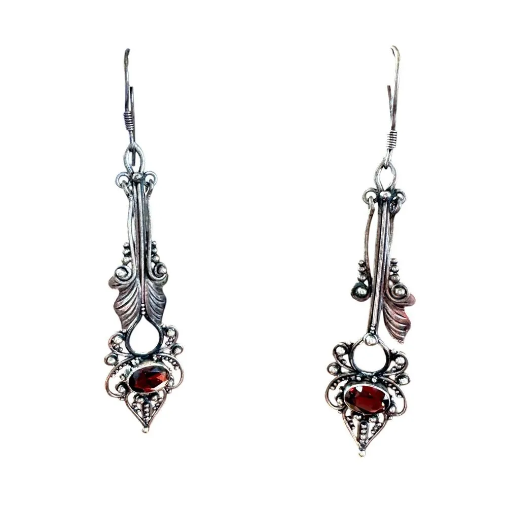 Sterling Silver Garnet Dangle Earrings Filigree January Birthstone PLEASE READ - Image 3