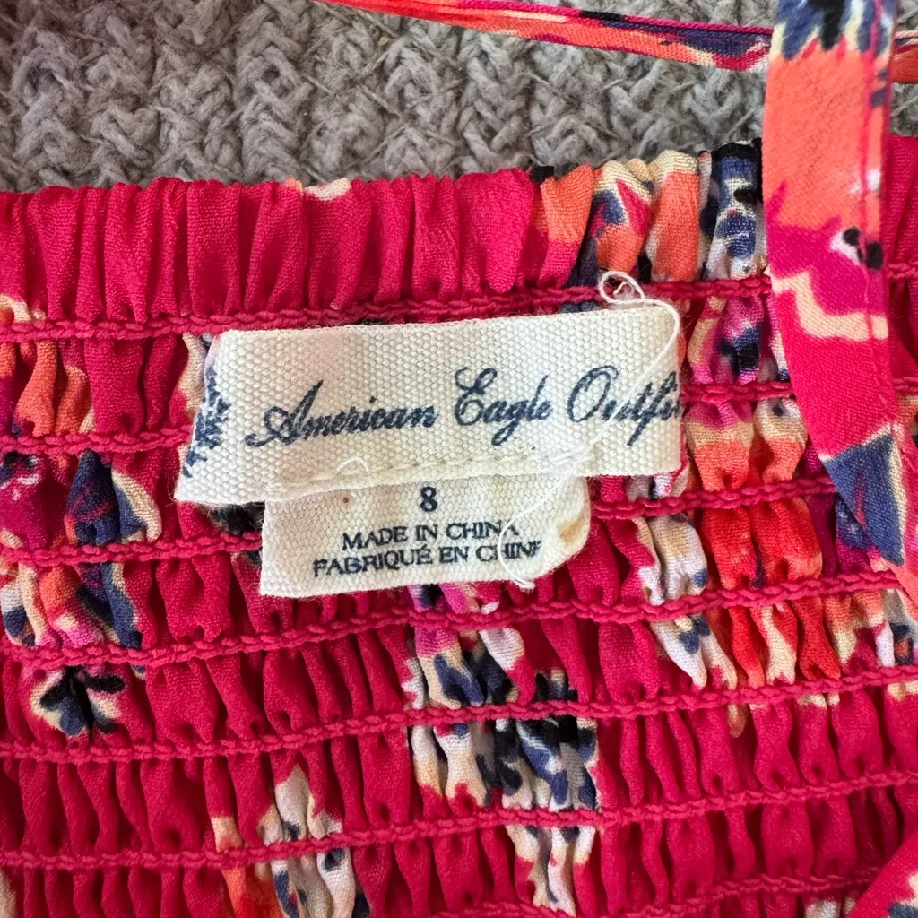 American Eagle Outfitters Red Floral Cross Tie Back Mini Dress w Pockets Sz 8 - Image 7