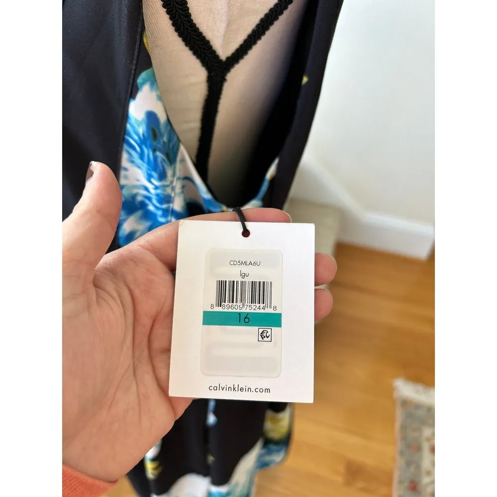 NWT Calvin Klein Black & Blue Yellow Oversize Floral Print A-Line Dress - Image 4
