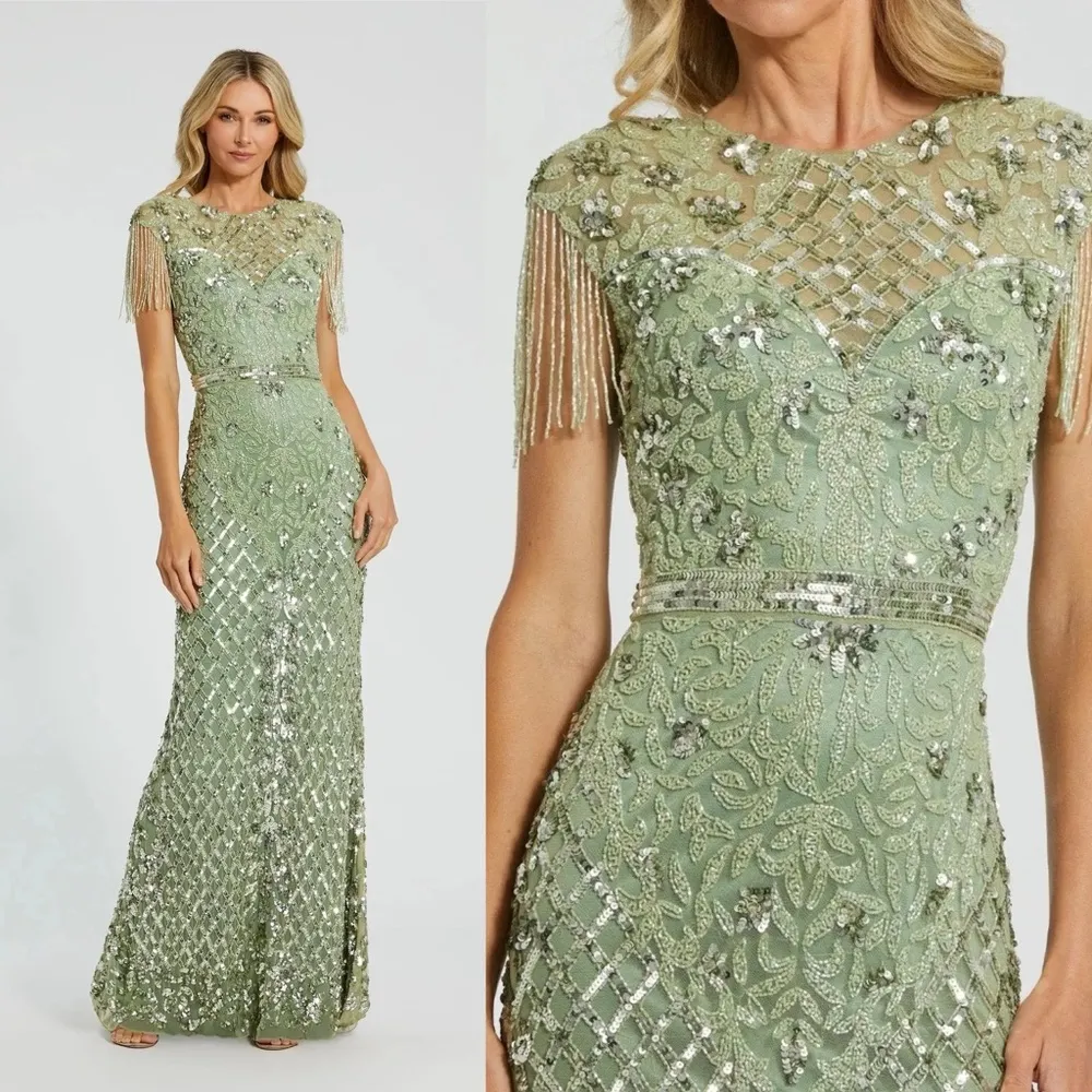 Mac Duggal 4908 Green High Neck Beaded Fringe Fitted Gown Size 6 NWT - Image 2