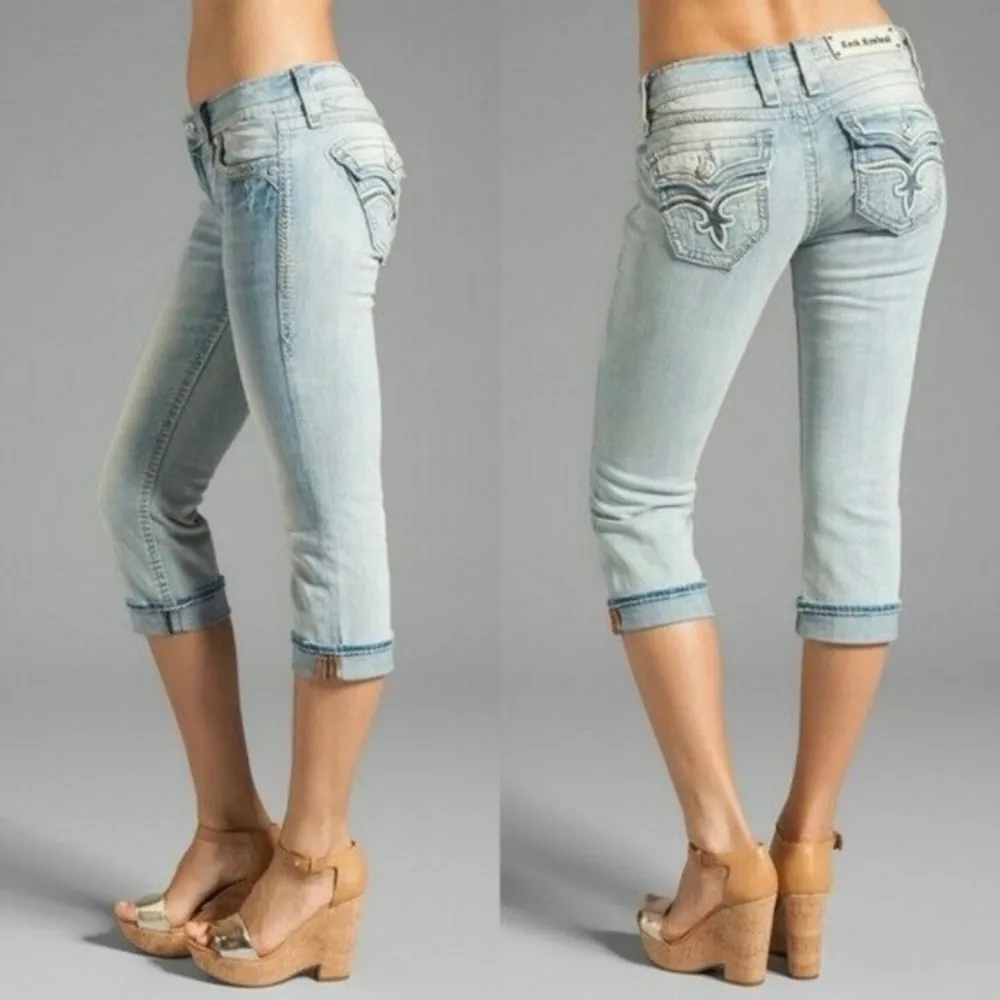 ROCK REVIVAL Anett Capri Embroidered Light Washed Flap Pocket Jeans Size 24 - Image 3