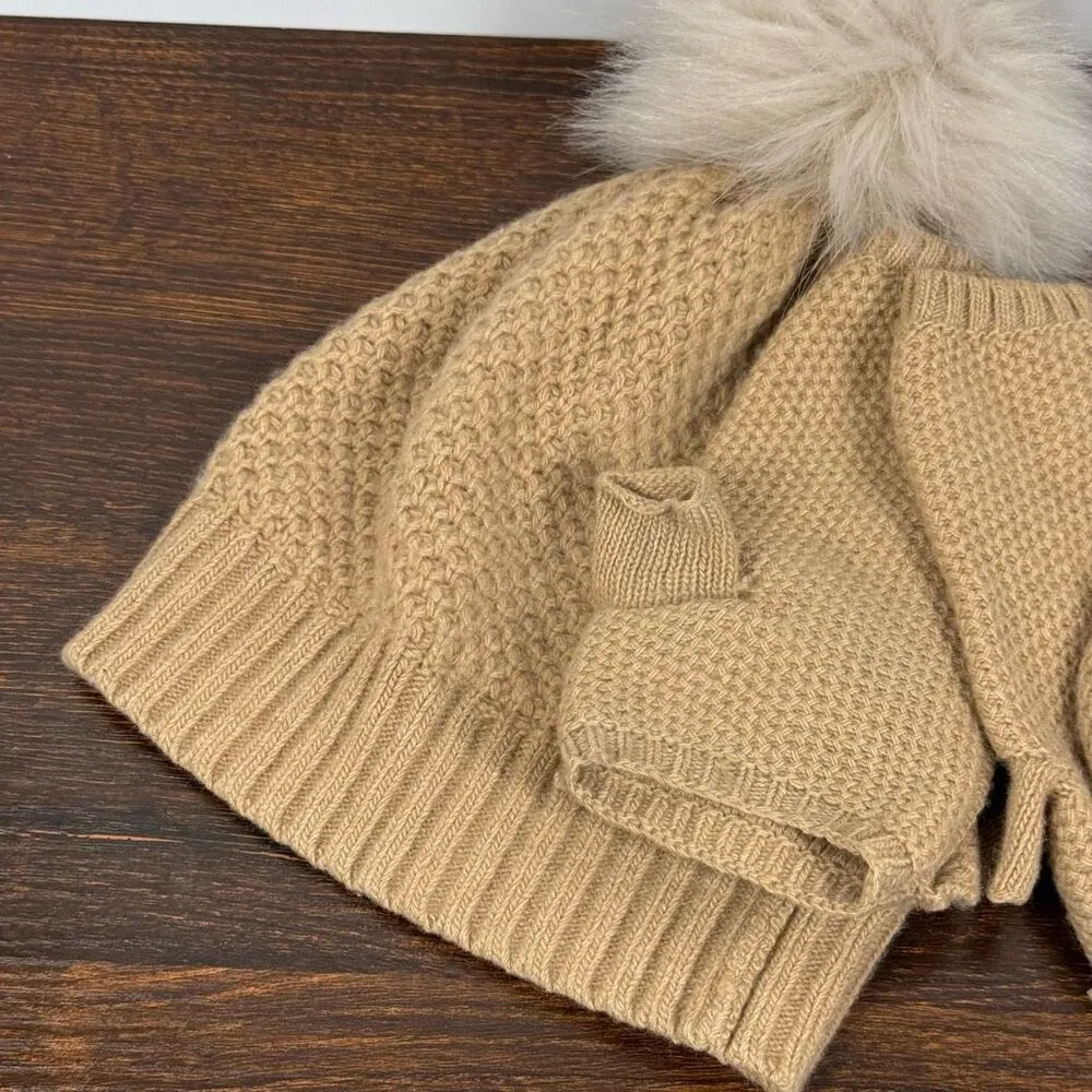 Cammiello Chiaro Light Camel Color Women’s hat and mitt set 100% cashmere faux f Tan - Image 4