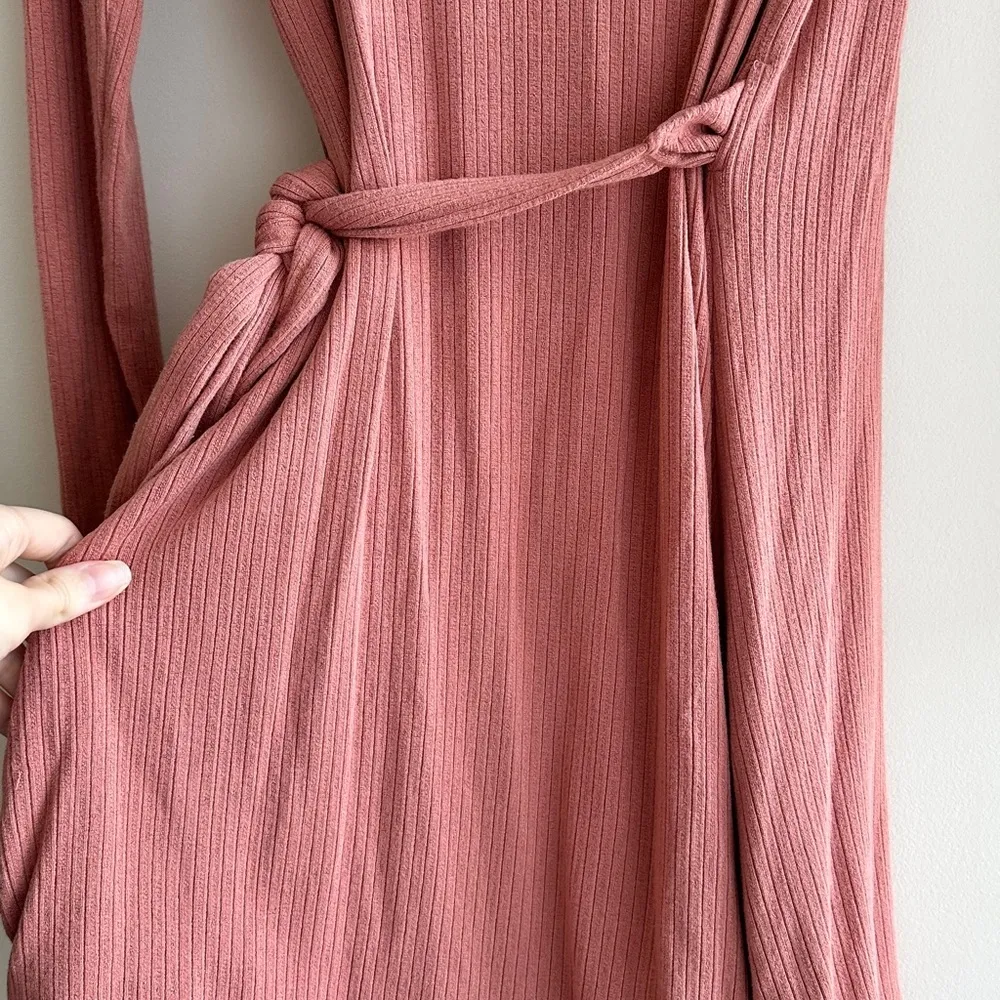Urban Outfitters Ribbed Wrap Long Sleeve Dress, Dusty Rose, Size Medium - Image 16