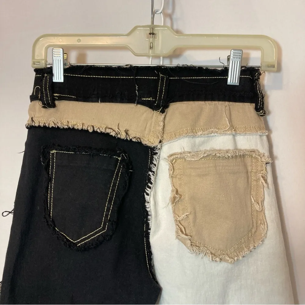 JEANS Black White Tan Patchwork Straight Leg Cut Off High Rise Jean Pants Size 27 - Image 9