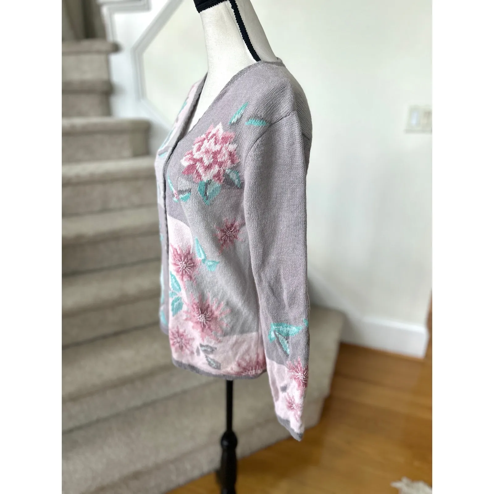 Vintage Coldwater Creek Cottage Grey Pink Mint Rose Patchwork Cardigan - Image 3