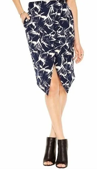 Rachel Roy Texture Printed Asymmetric High Rise Wrap Skirt Pockets Size 2 Blue - Image 1