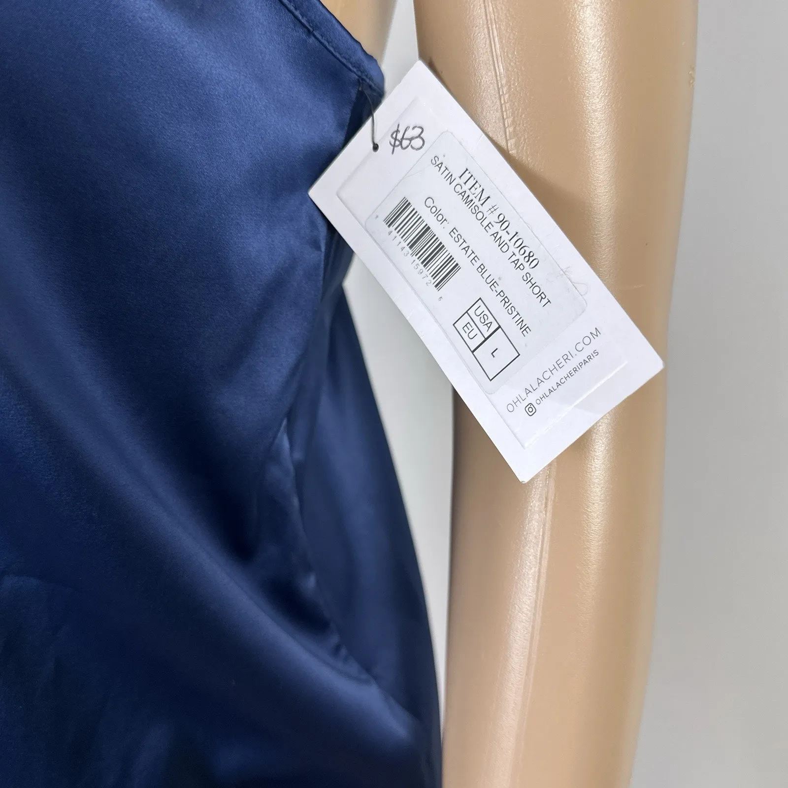 Oh La La Cheri Satin Camisole Cream Lace Flutter Open Back Halter Large New NWT Blue - Image 4