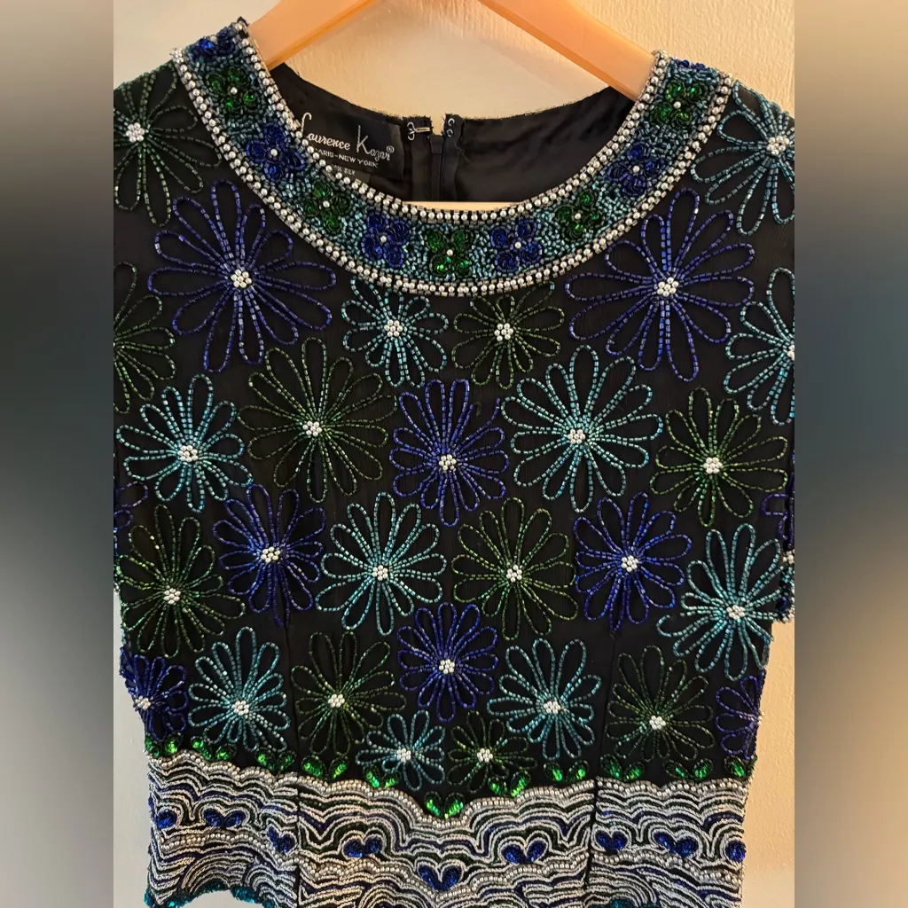 Vtg Laurence Kazar Women's Silk Sequins Beaded Evening Top - Blue/Green/Black - Image 3