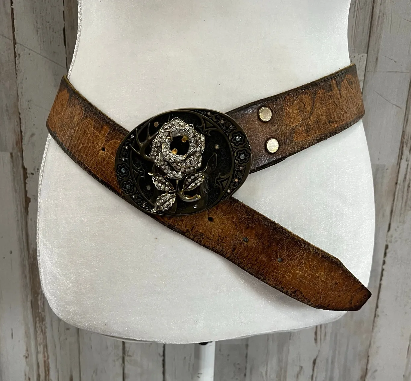 Vintage Leegin Tooled Medieval Leather Belt Rose Buckle Womens 32 Western Rodeo Brown - Image 1