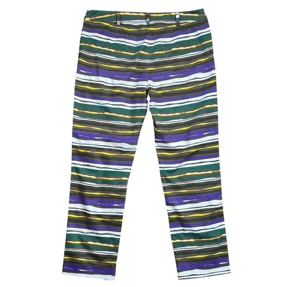 T1 Max Mara Studio High-Rise Striped Stretch Cotton Pants Purple Green Size 14 - Image 7