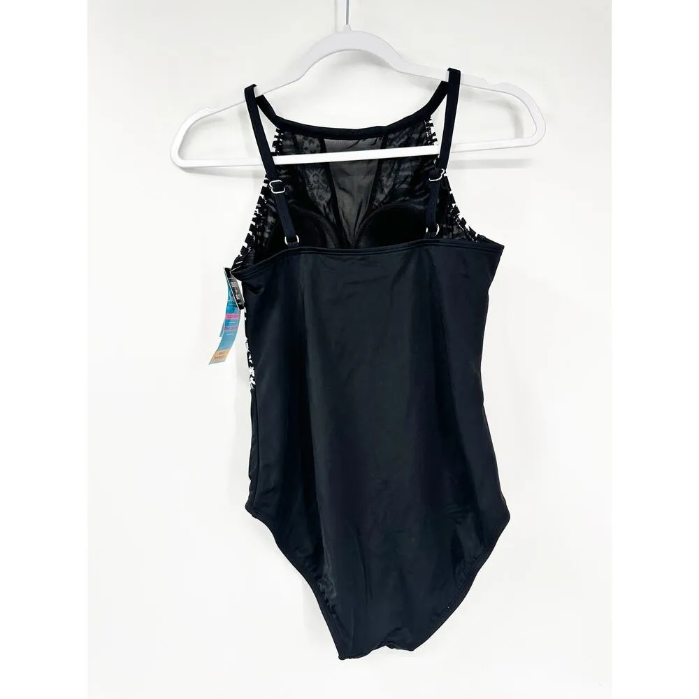 SWIM SOLUTIONS Tummy Control Black White Halter Mesh Insert Swimsuit NWT 10 - Image 5