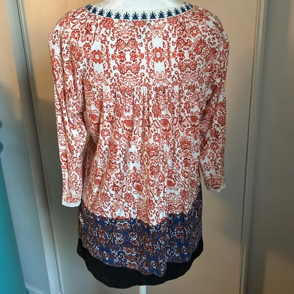 Vintage America Boho Pleated Notch Neck Oversized Peasant Blouse Blue Size M - Image 5