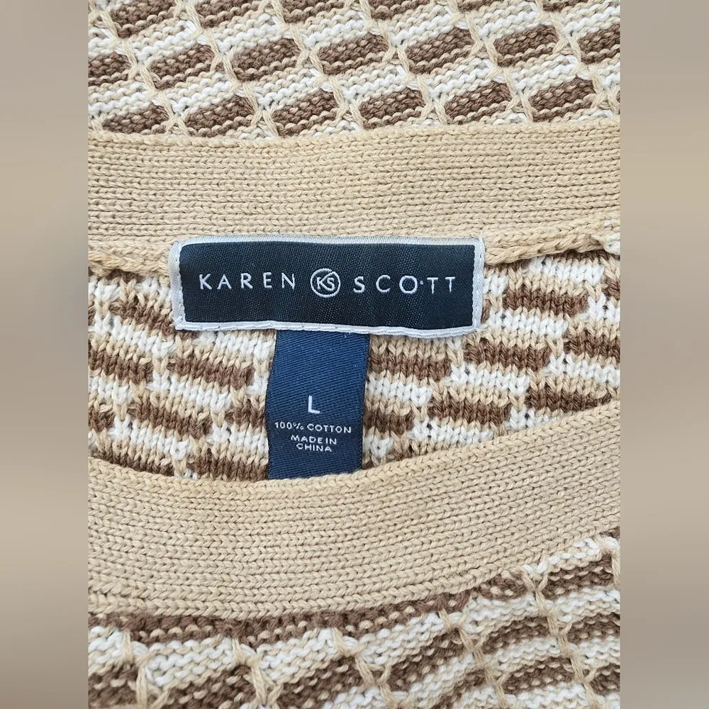 Karen Scott  Beige Patterned Sweater Quarter Sleeves High Neck Cotton Size L - Image 4