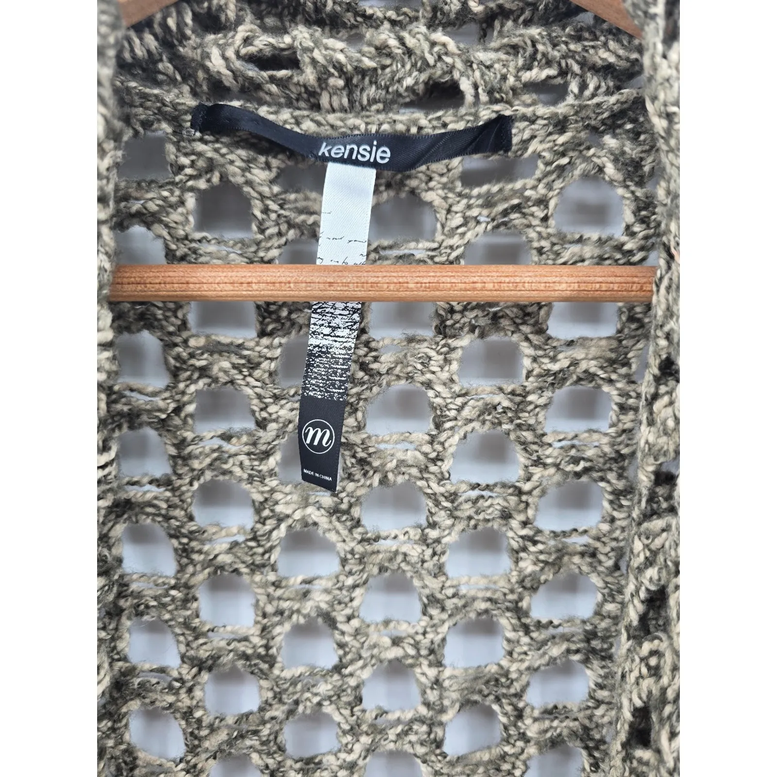 kensie Open Knit Cardigan Sweater Women Size Medium Khaki‎ Beige Crochet - Image 2