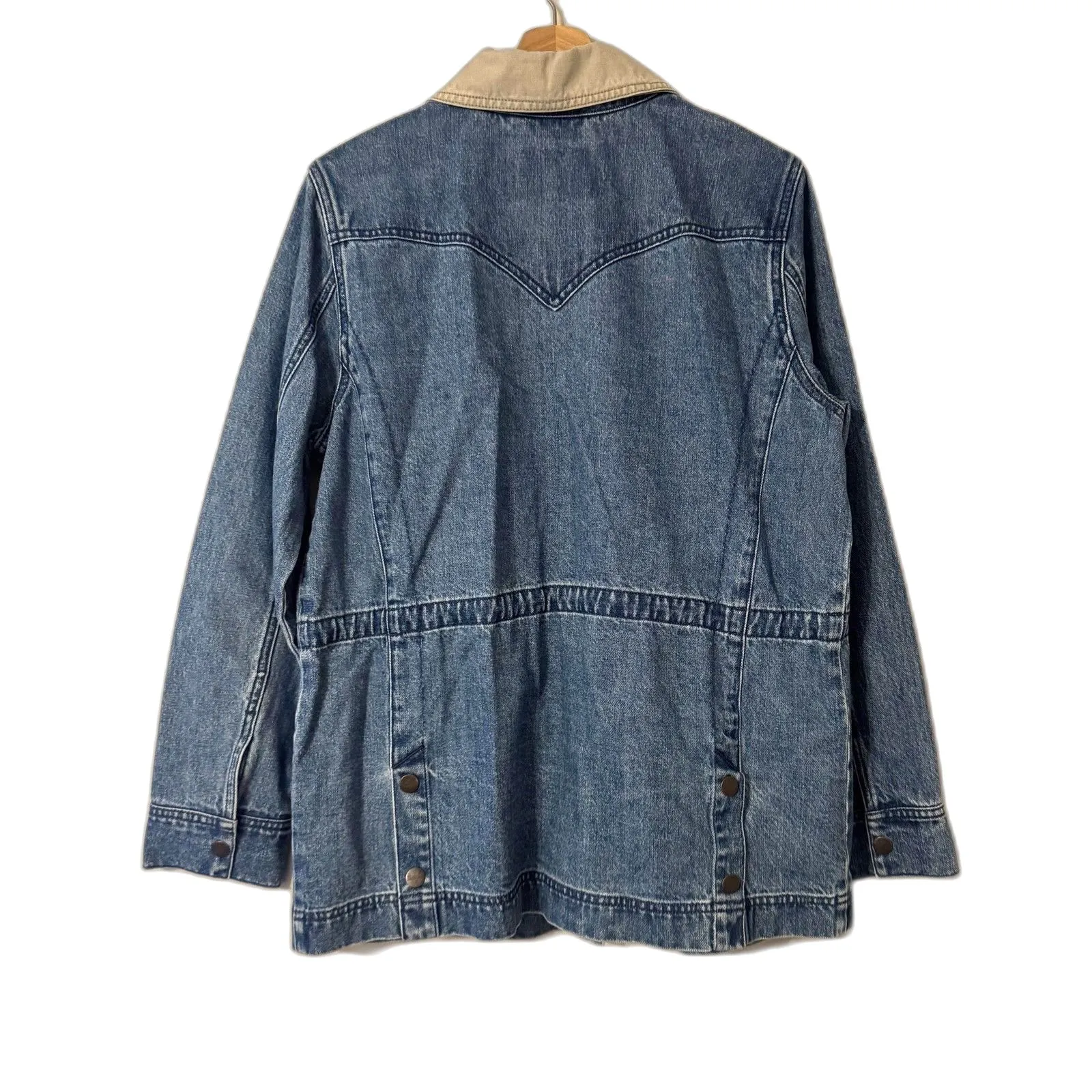 Wrangler Jacket ladies S Blue Denim Chore Overcoat Canvas Collar Snap Pockets - Image 8
