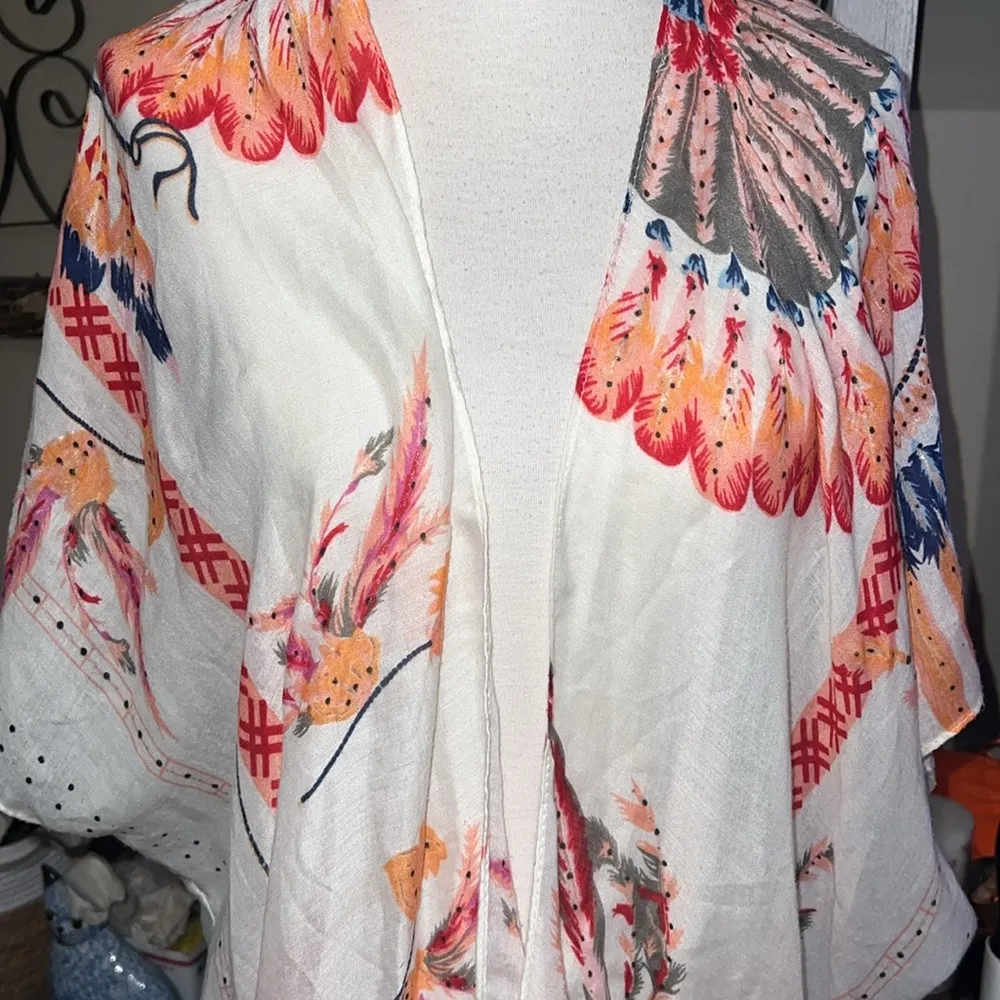Woven Heart Kimono Style Boho Floral Women Shawl Vest Coverup Feather - Image 2