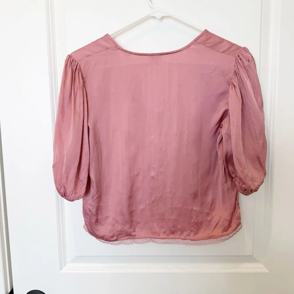 Aritzia Top Womens Sz XSmall Coquette Silk Cupro Button Up Lace Trim Puff Sleeve - Image 4