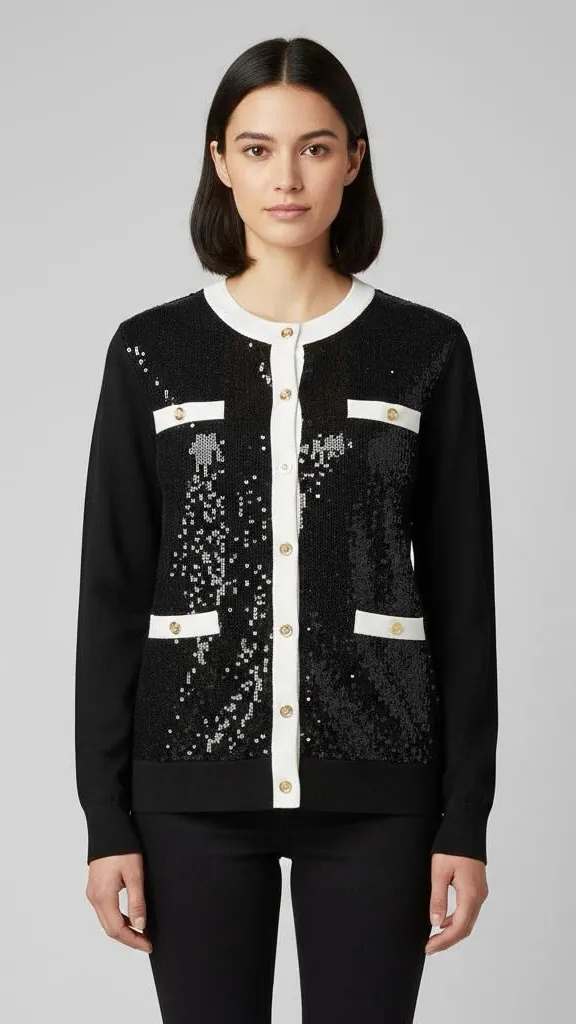 BCBG Black & Cream Sequin Knit Cardigan Holiday Fairy Grunge Whimsical Sz M Size M - Image 1