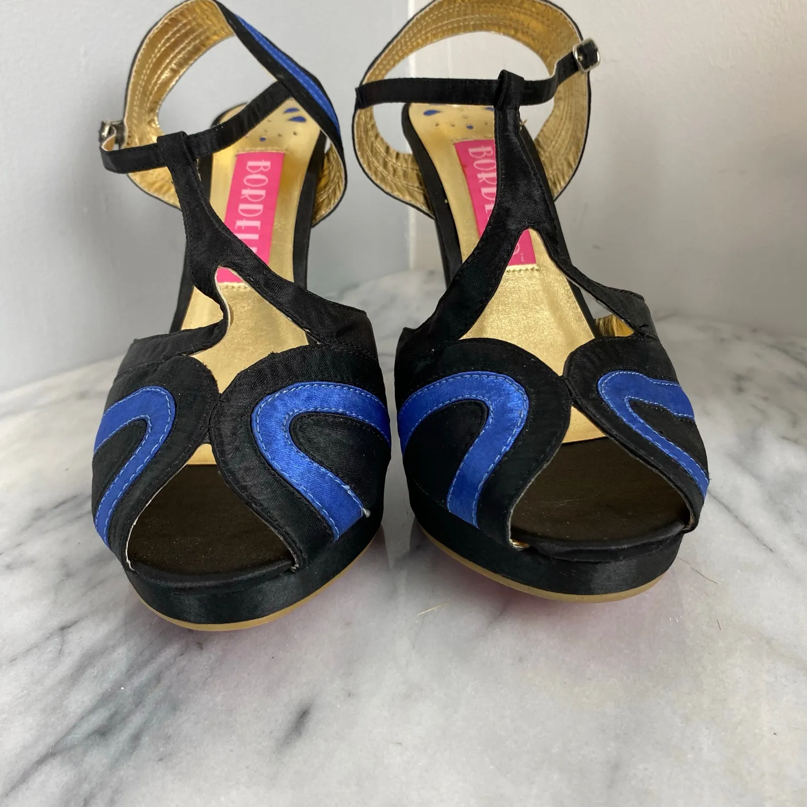 Bordello Giggle 02 Black Blue Satin T Strap Peep Toe Heel Pump Pinup Size 10 New - Image 4