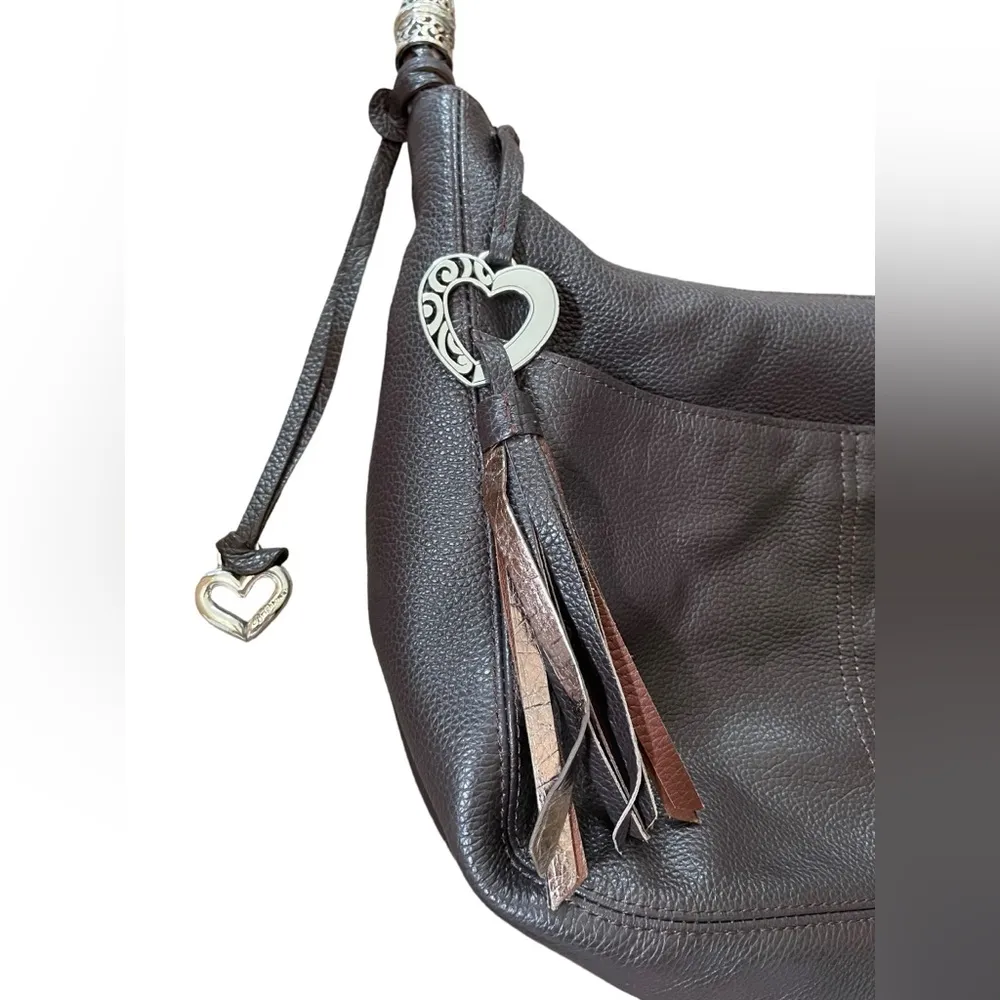 Brighton Barbados Brown Pewter Pebble Leather Zipper Medium Hobo Purse Bag - Image 2