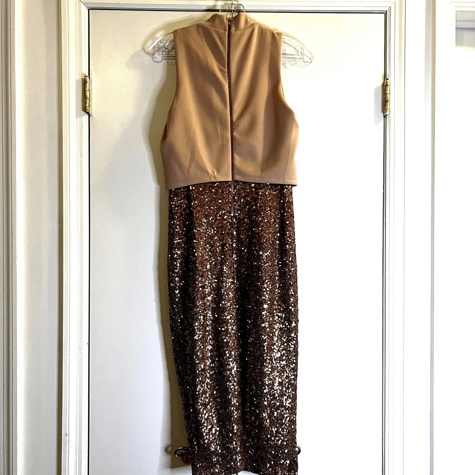 Asos Midi metallic brown beige sequin dress Turtle neck Sleeveless size 6 - Image 6
