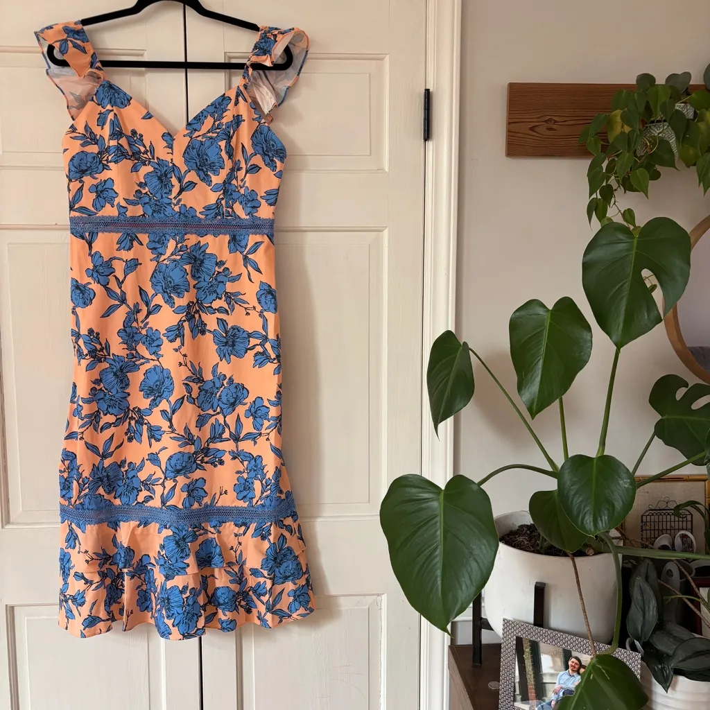 Alice + Olivia Jade Ruffled Floral Midi Dress Coral Blue Lace Illusion Size 12 - Image 6